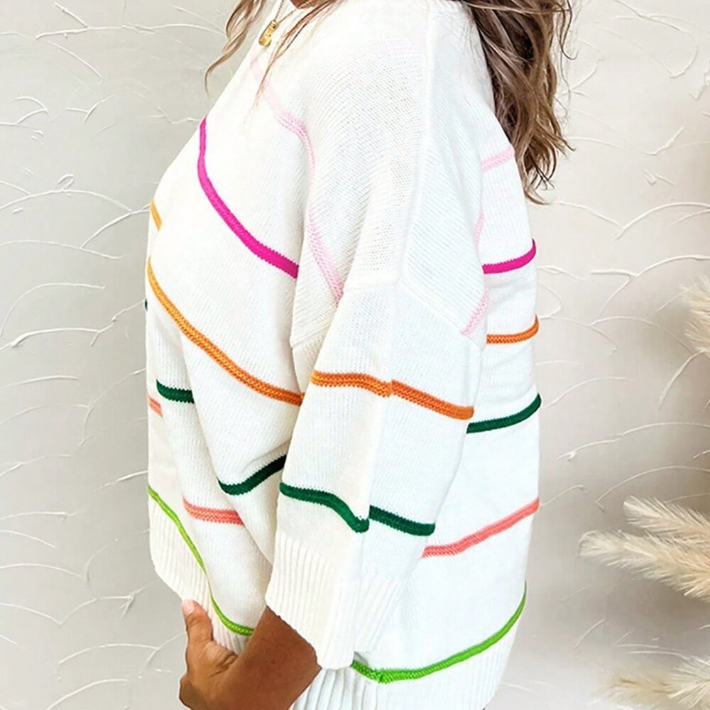 Multicolor Casual Women's Stripe Pattern Batwing 3/4 Sleeve Loose Sweater - Picture 4 of 9